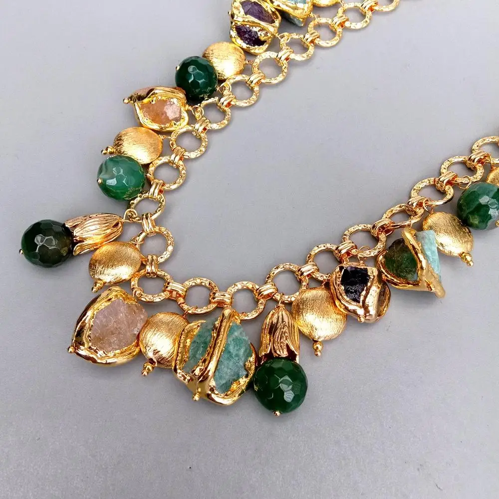 Gold Plated Chin Necklace Natural Citrine Amethyst Amazonite Electroplated Edge Rough Pendant