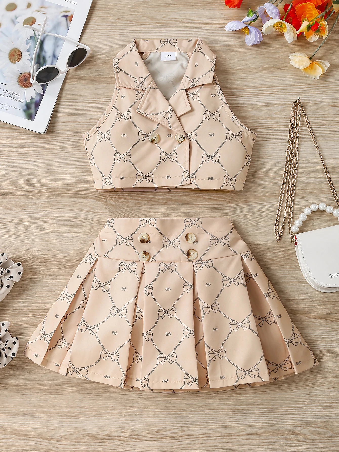 Baby Girls Suitable 2 to 7 Years Summer fashion Grid Pattern Sleeveless Lapel Short Front Button Sleeveless Tops+Pleated Skirt Two-piece Set