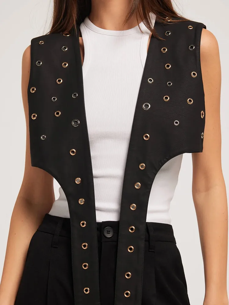 TWOTWINSTYLE Solid Patchwork Rivet Hollow Out Waistcoat For Women V Neck Sleeveless Designer Streetwear Waistcoats Female New