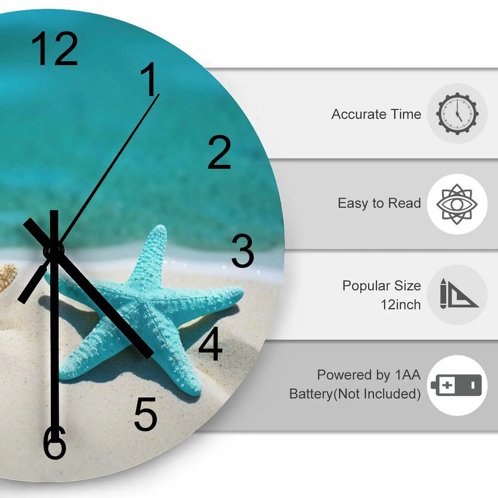 Study Wall Clock Beach Starfish Sea star Clocks 12 inch Silent Wooden Round Durable Wall Mounted Nordic Home Decor