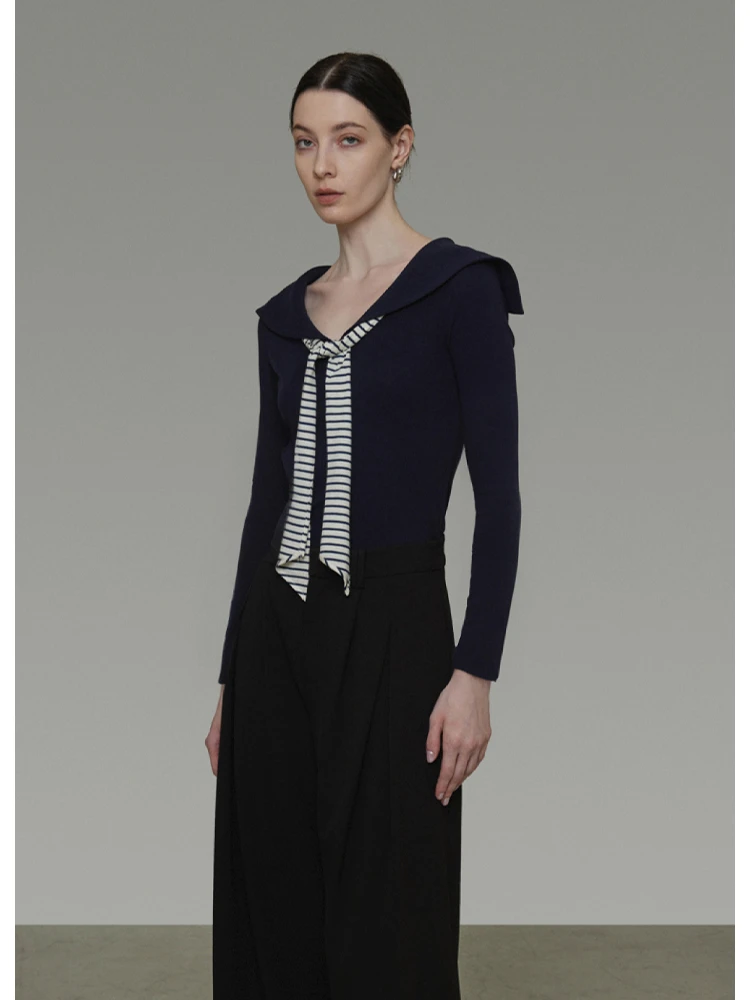 CHEERART Preppy Sailor Collar Long Sleeve Knitted Top And Blouse Woman Tie Neck Royal Blue Knitwear 2025 Fall Clothes
