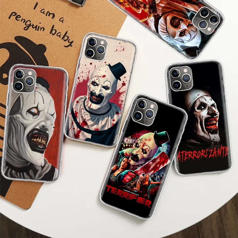 Horror Movie Terrifier Case for Apple iPhone 12 13 Mini 14 Plus 16 15 Pro Max 11 X XS Max Phone Clear TPU Protective Cover Coque