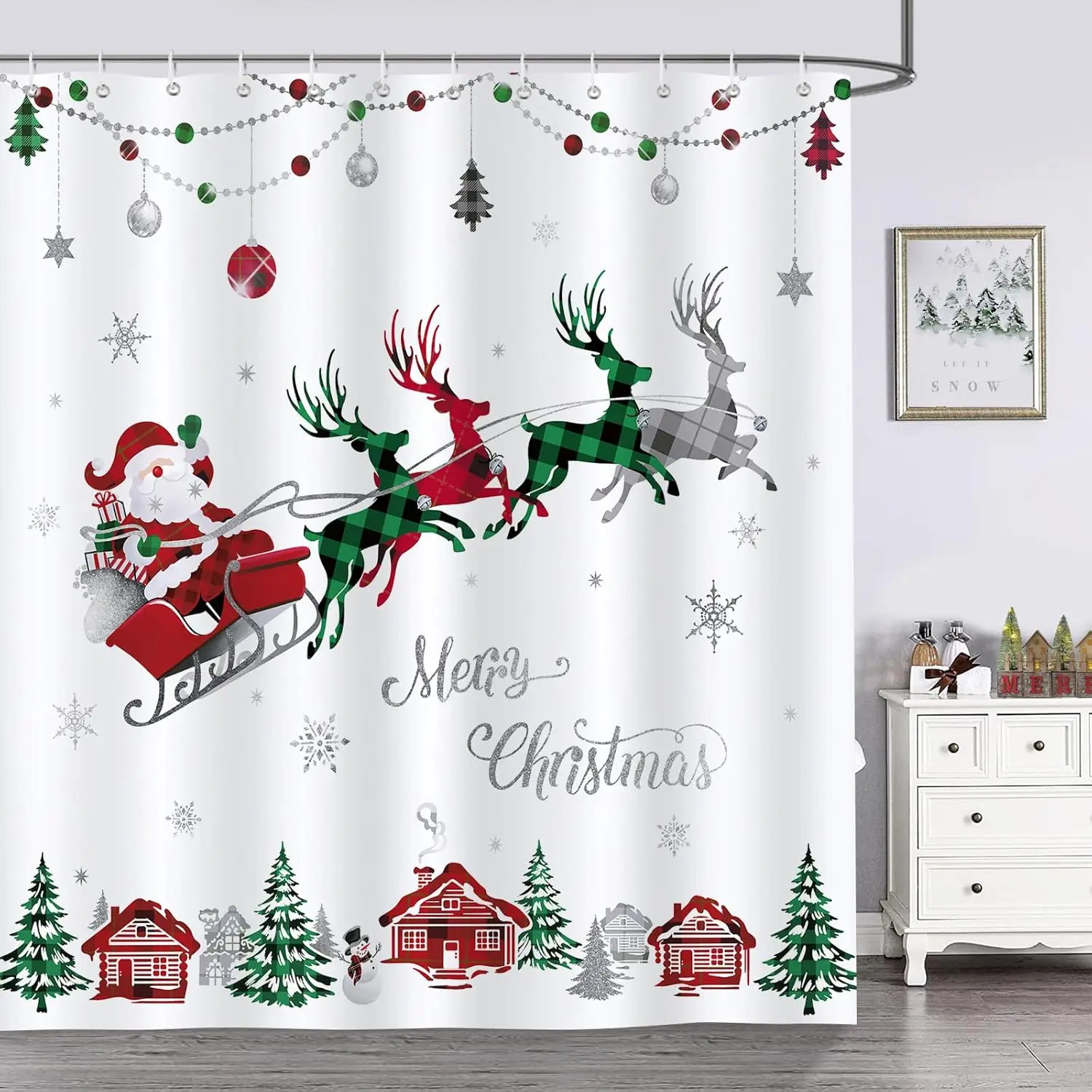 GAEMerry Christmas Santa Claus Sleigh Reindeer Shower Curtain Waterproof Washable Shower Curtain 180x 180cm with 12 hooks