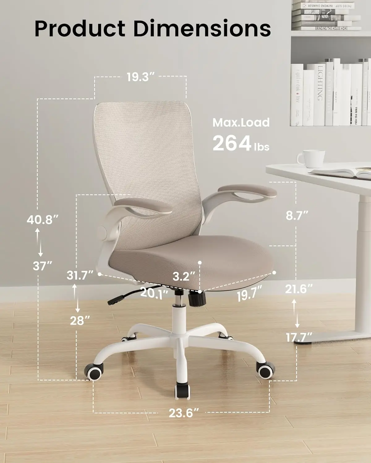 Ergonomic Office Chair with Adjustable Lumbar Support, Flip-Up Armrests, Breathable Mesh, Khaki view 2