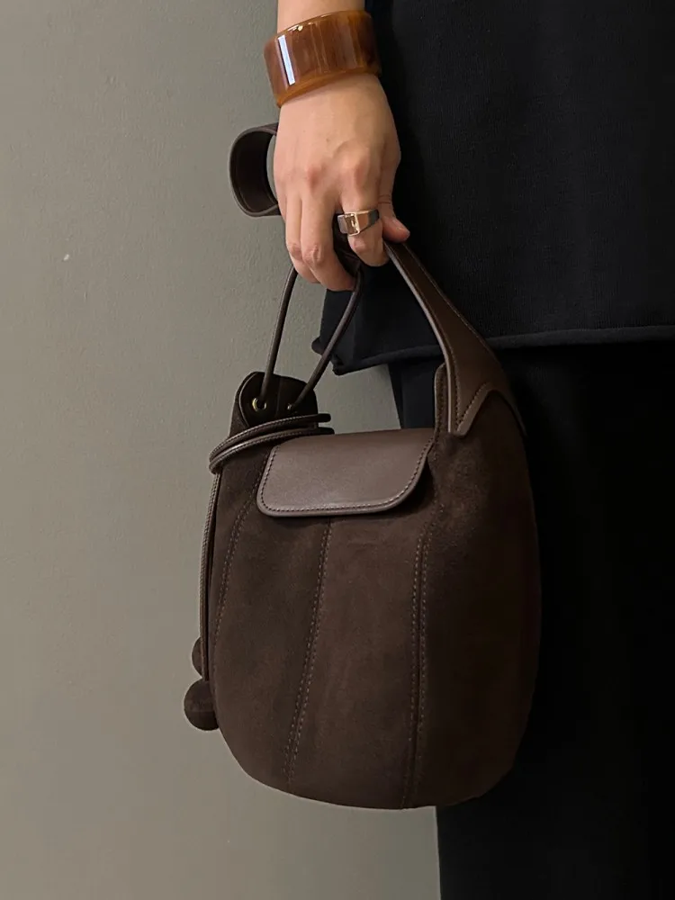 Vintage Women Casual Real Cow Suede Leather Bucket Bag Totes Handbag Strap Crossbody Shoulder Bags Soft Leather Underarm Pouch
