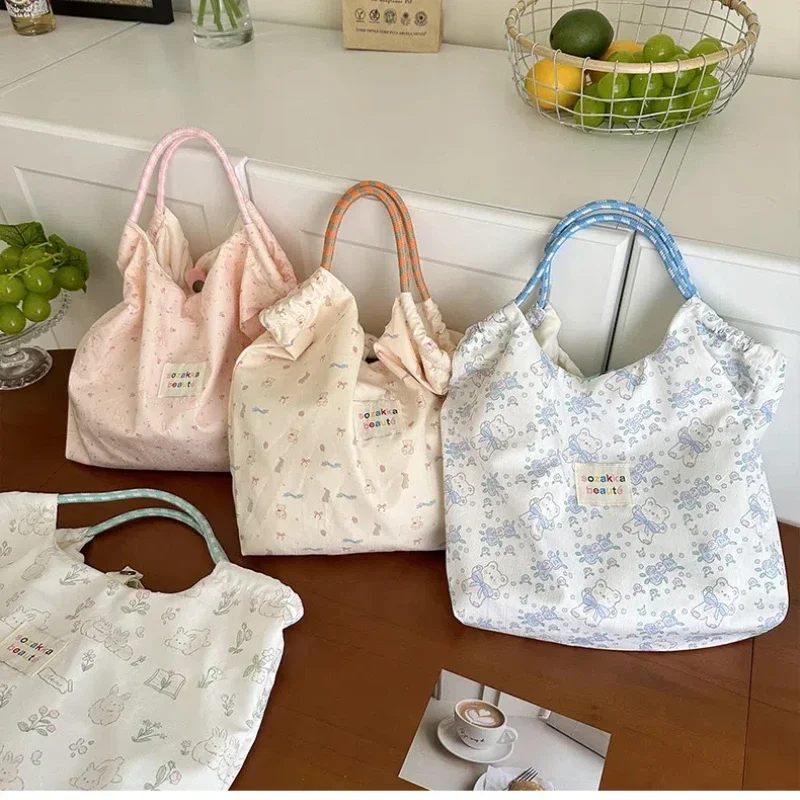 

2024 New Minimalist Niche Floral Canvas Bag Korean Female Student Large Capacity Shoulder Bag Handbag Shopping Bag Cute Girl