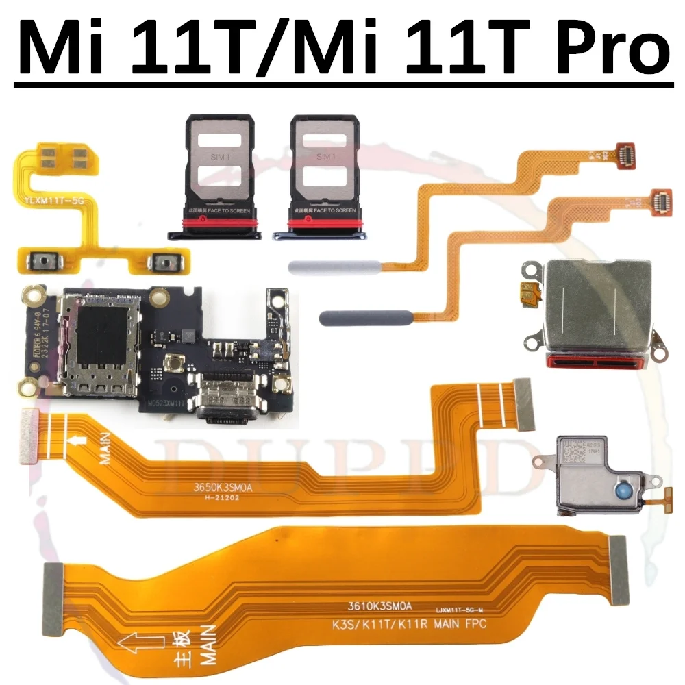 SIM Card Charging Port Board For Xiaomi Mi 11T Pro LoudSpeaker Earpiece Speaker Fingerprint Sensor Volume Motherboard Flex Cable