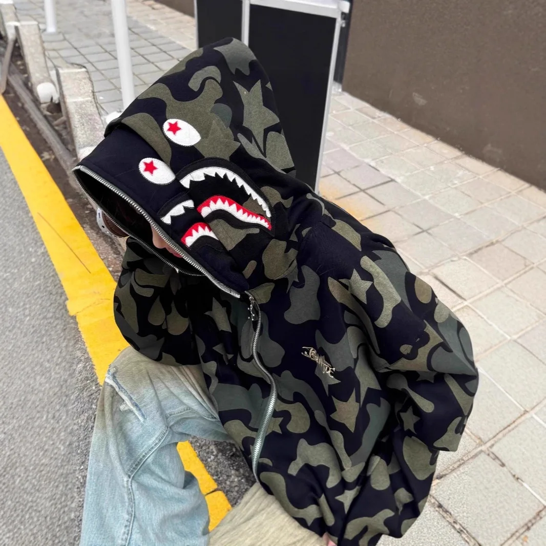 Sudadera con capucha de camuflaje estilo americano, cárdigan con cremallera, chaqueta juvenil de tiburón para primavera y otoño, unisex, de manga larga, para uso casual.