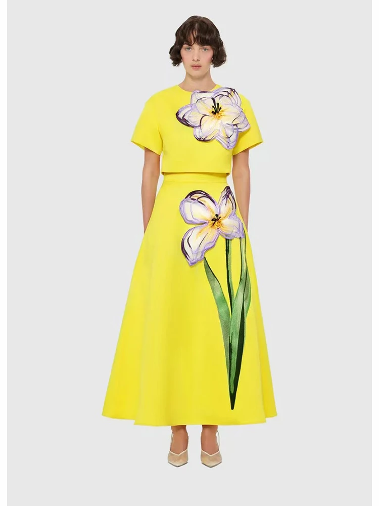 Feminino flor conjunto de duas peças sexy apliques o pescoço manga curta topo + cintura alta saia longa ternos festa à noite conjuntos celebridade