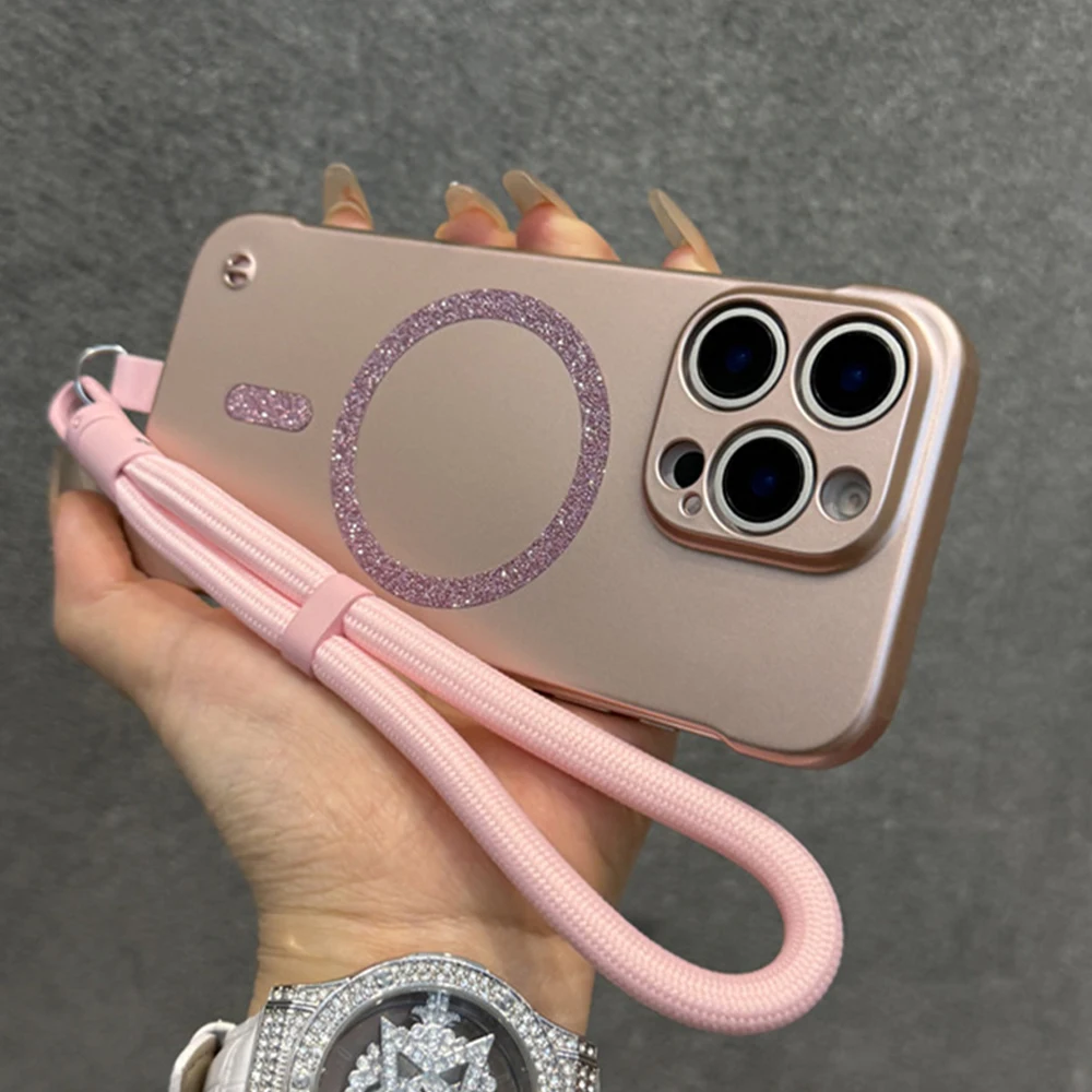 بريق ل Magsafe مع الحبل فرملس جراب هاتف آيفون 15 16 برو 14 13 12 11 X XR XS ماكس معدن اللون رقيقة درع غطاء