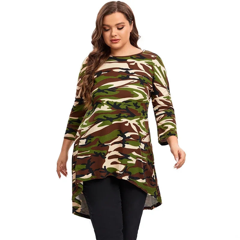 Plus Size Long Sleeve Camouflage Tunic Tops Long Loose Elegant Autumn Hi Low Swing Blouse T-shirt Plus Size Odzież Damska 6XL