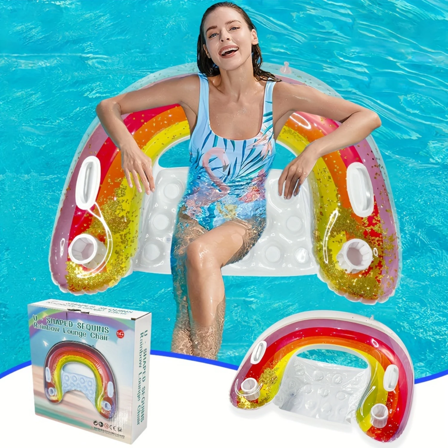 1pc Vibrant  U-Shaped Inflatable Glitter Seat - Relaxing Water Lounger Sofa with Foldable Design for Pool Party Fun - Durable PV