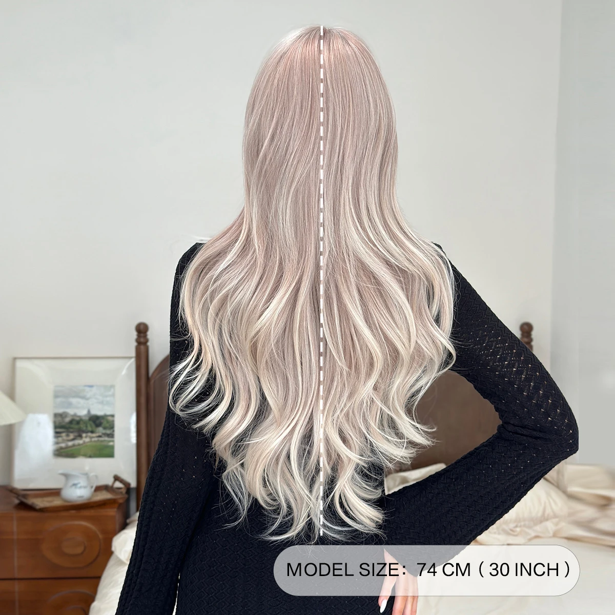 7JHH WIGS Long Body Wave White Blonde Wig for Women Modest Fashion Synthetic Layered Wear and Go Champagne Wigs with Neat Bangs - view 4