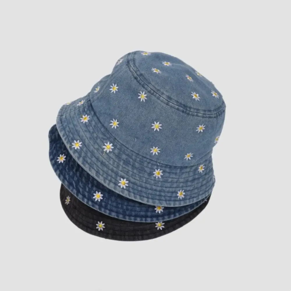 Fashion Little Daisy Embroidered Fisherman Hat Washed Denim Four Seasons Sun Cap Foldable Sun Protection Bucket Hat Men