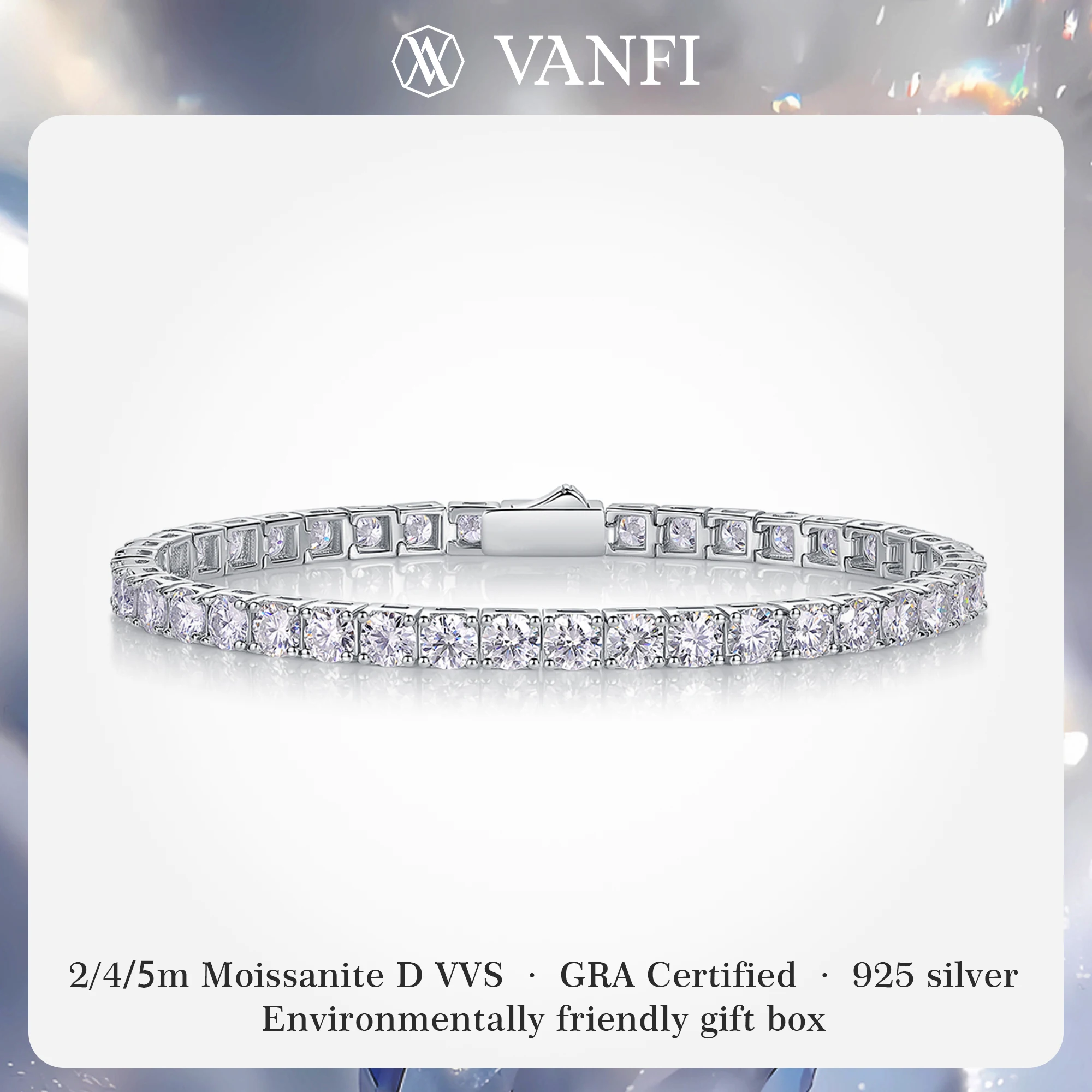

Kfvanfi s925 silver moissanite 2/4/5mm men's bracelet shining women's bracelet tennis chain plated with 18k white gold jewelry