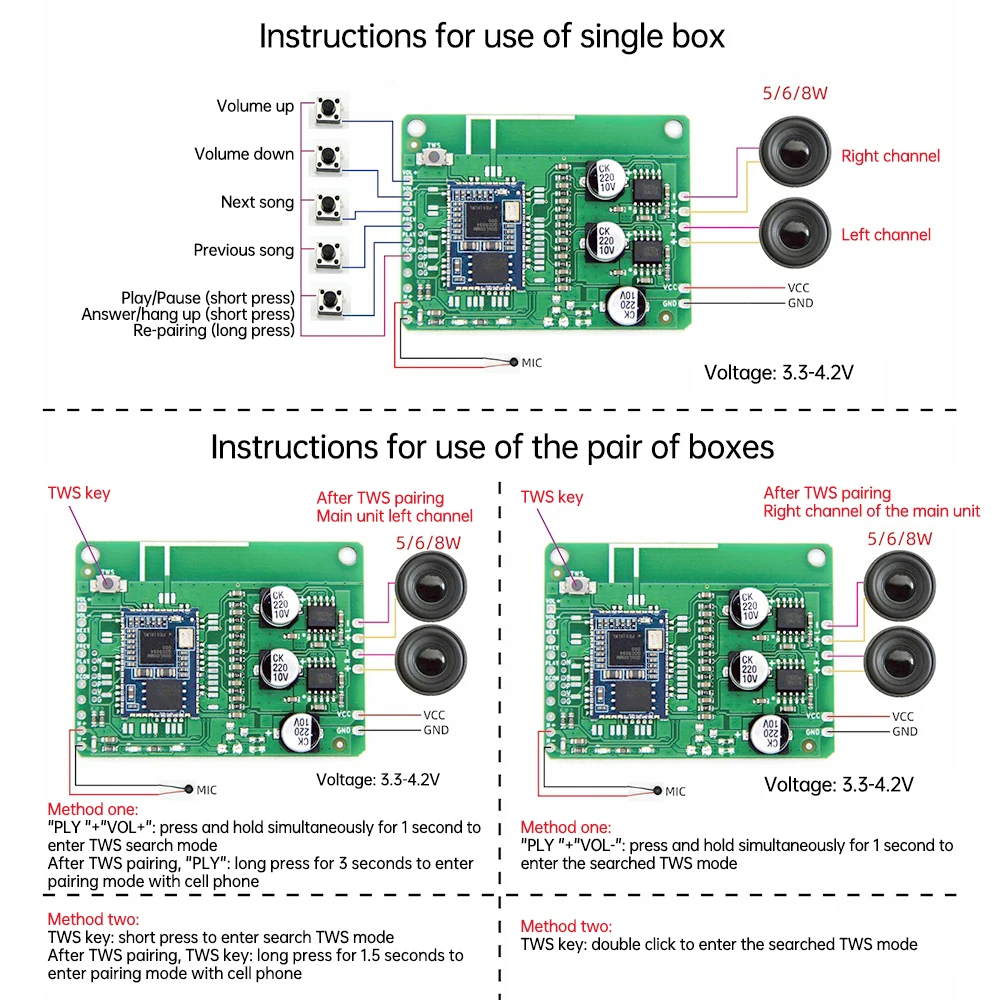 DC 3.3~4.2V Bluetooth Amplifier Board QCC3034 Audio Decoder 8W*2 Dual Channel HiFi Stereo Audio Amplifier Module APP Control