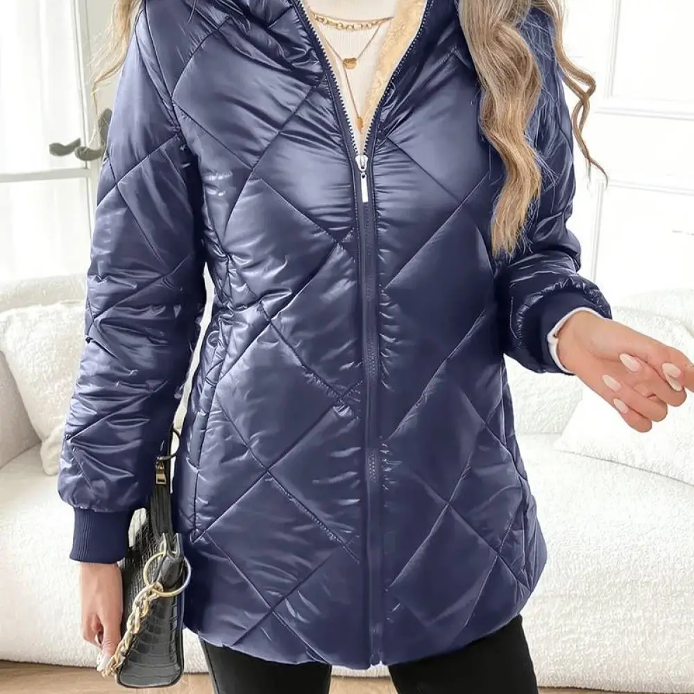 Women Winter Cotton Padded Parka Coat Hooded Diamond Lattice Jacket Long Sleeve Elegant Casual Mid Length Warm Outwear