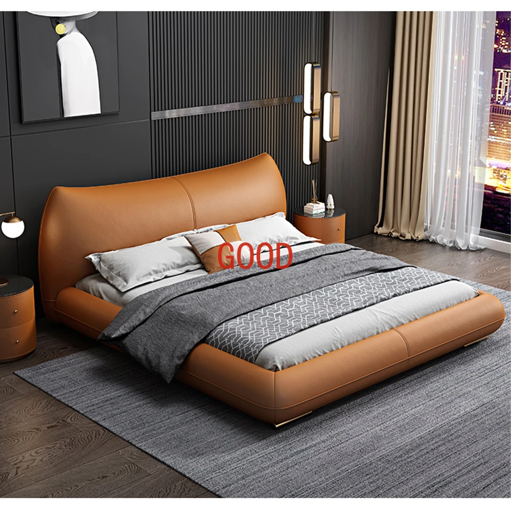 Linlamlim Genuine Leather Bed Double Size Rectangle Bed Frame Nordic King/Queen Size Wedding Lits Designer Upholstered Camas