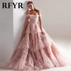 RFYR Dusty Pink Prom Dress Strapless Crumpled Ruffles Evening Dress Off The Shoulder Tiered Tulle فستان سهرة A-Line Party Dress