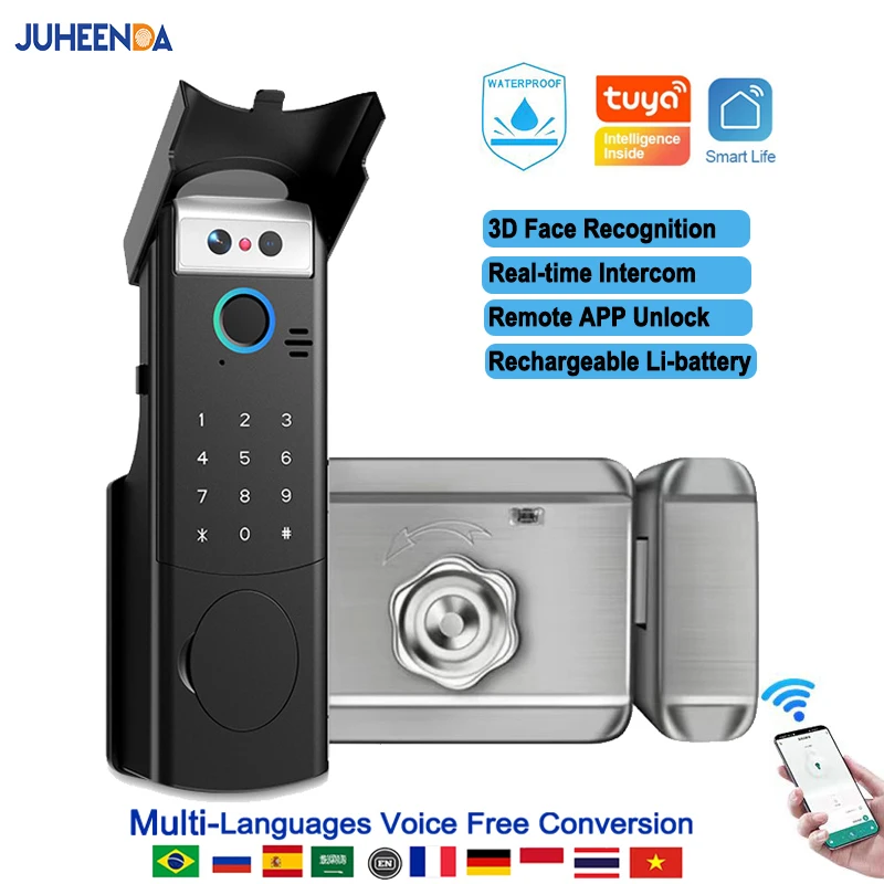 Tuya Face Video Intercom Outdoor Courtyard Door Smart Lock Digital Wifi Fingerprint Waterproof Electronic Rim Lock with Camera