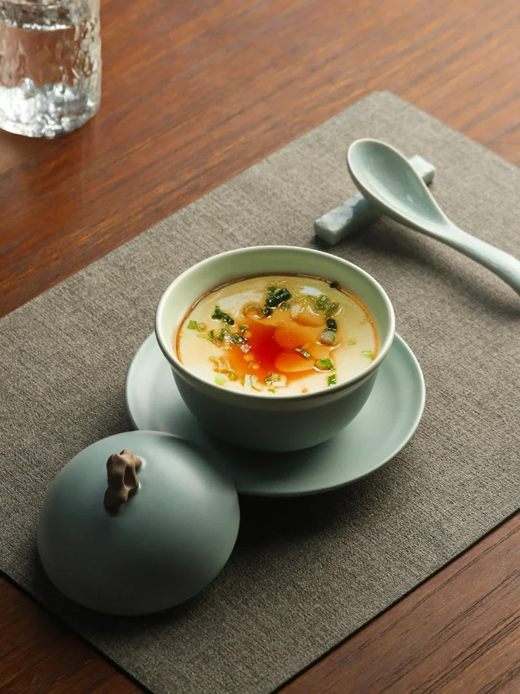 

Tableware ceramic with lid high-grade solid color retro stew cup household small Chineseretro handmade irregular shape practical