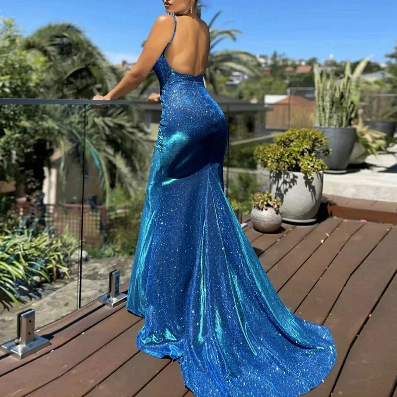 Vestido sexy de baile com lantejoulas brilhantes, vestido longo de baile, cinta espaguete, vestido de noite, 2022