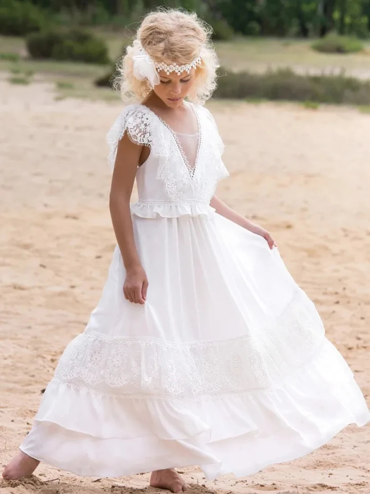 Vestido boêmio de renda para meninas, florinha chique, vestido de noiva para crianças, festa de primeira comunhão, baile