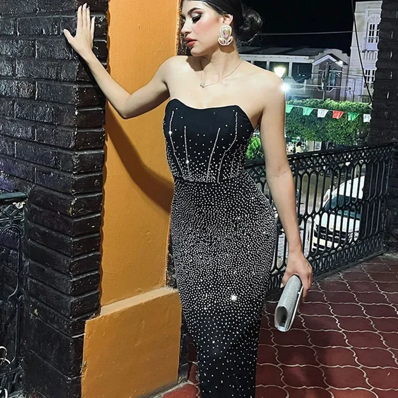 Sexy Off Shoulder Strapless Party Dresses Women Evening Celebrity Nightclub Glitter Diamonds Sheath Prom Bodycon Maxi Dress Robe