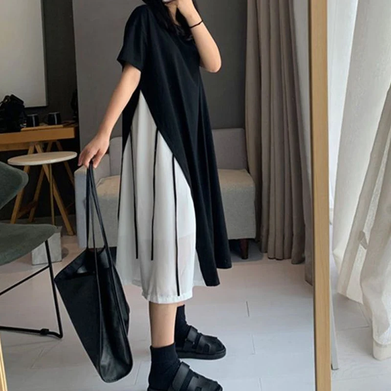 Vestido falso de retalhas de duas peças, gola redonda, manga curta, assimétrico, bandagem, saia linha A, cor de contraste, moda elegante, verão