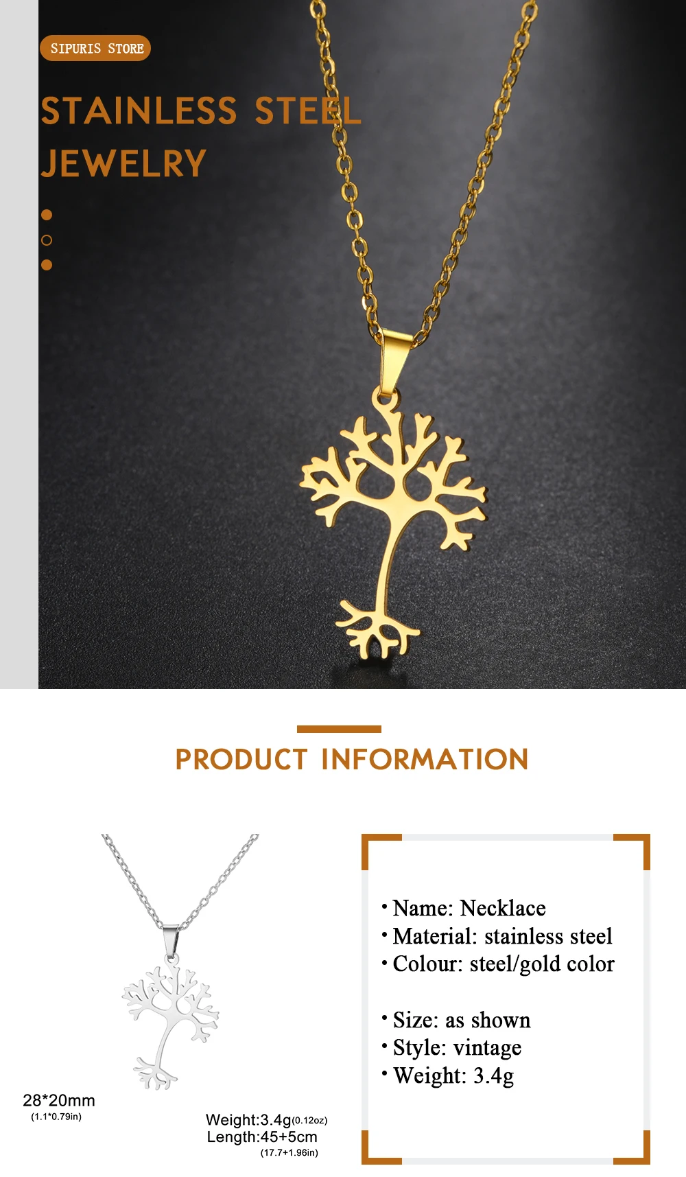 Sipuris Neuron-Baum-Halskette, Edelstahl, goldfarben, minimalistischer Charm-Anhänger, Schmuck, Geschenke, Großhandel – Detail 5