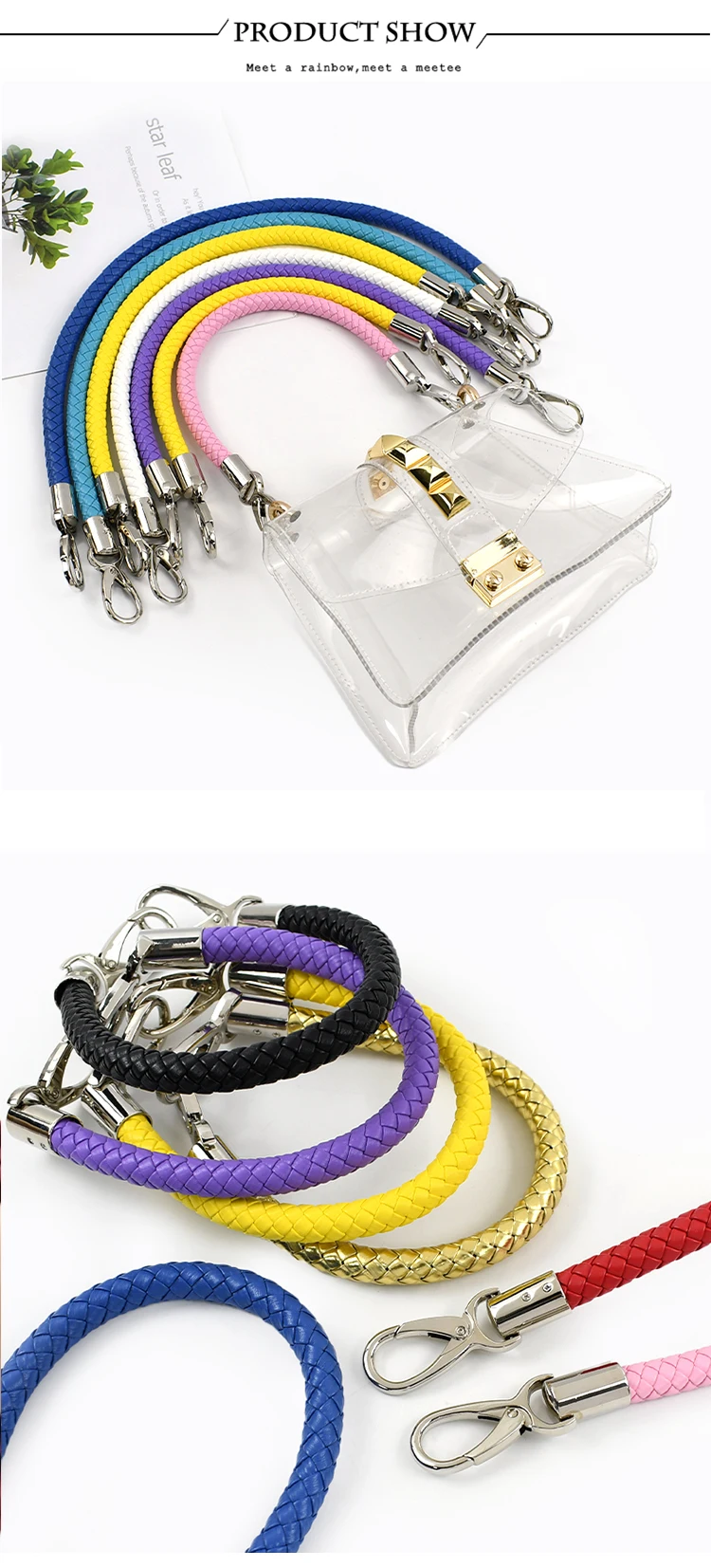2Pcs 40/50/60cm Handbag Handle PU Braided Rope Sliver Buckle Women's Bags Shoulder Straps DIY Leather Crafts Purse Accessories