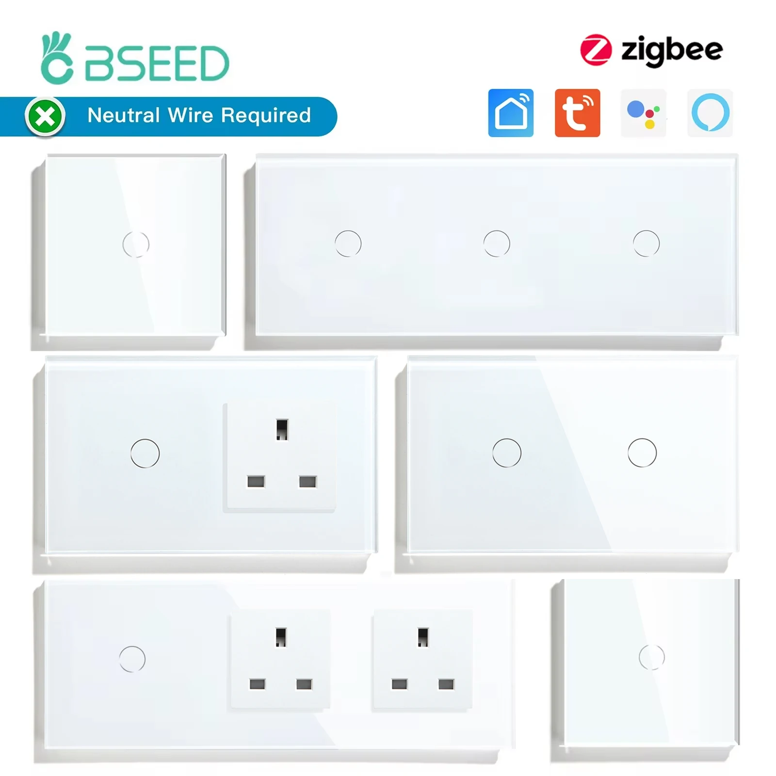 BSEED Zigbee 1/2/3Gang Touch Light Switches Tuya Smart Life App Control With Normal UK Standard Power Sockets 13A Glass Panel