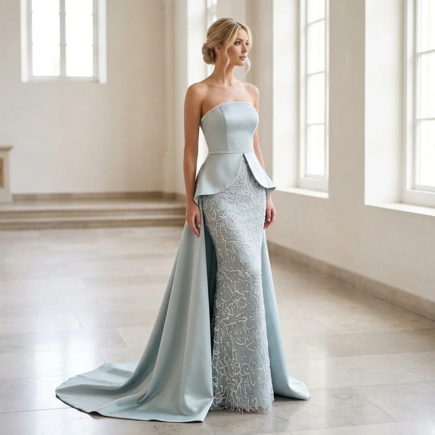 

Aunber Customized Elegant Strapless Sweep Trail Evening Party Dresses Lace Pearl Appliques Straight Formal Occasion Prom Gowns