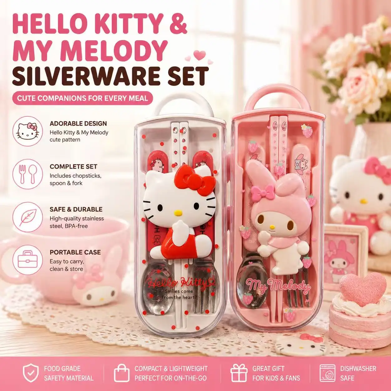 

Sanrio's Cartoon Hello Kitty Portable Tableware Kawaii Melody Chopstick Fork Set Ins Korean Student Supplies Anime Friend Gift
