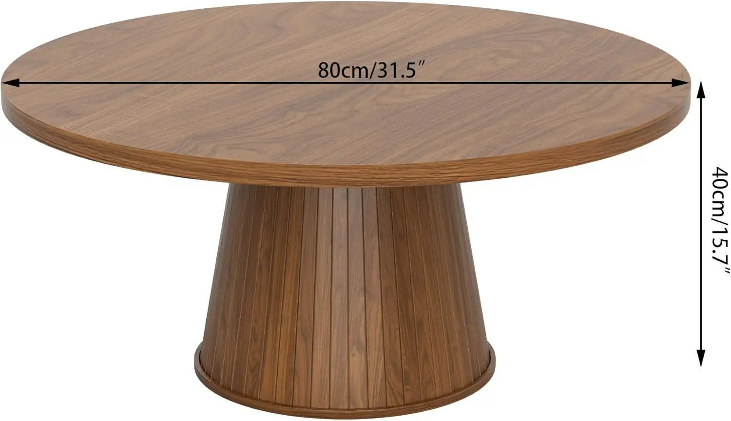 Fluted Round Coffee Table, Mid Century Modern Coffee Table, Small Walnut Circle Center Table, Brown, Farmhouse Wood, for Living