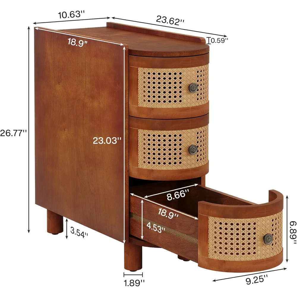 Vine ベッドサイドテーブル、頑丈な構造、多機能、レトロなエンボスハンドル付き、ウォールナットとオークのベッドサイドテーブル