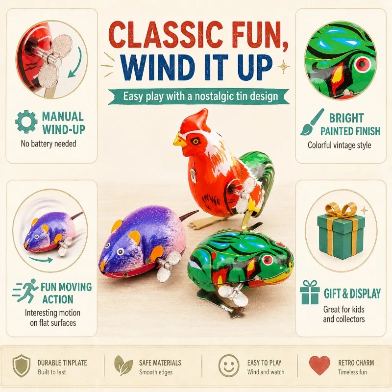 Classic Nostalgic Wind‑Up Tin Toy Manual Mechanical Frog Mouse Rooster For Souvenir And Holiday Present