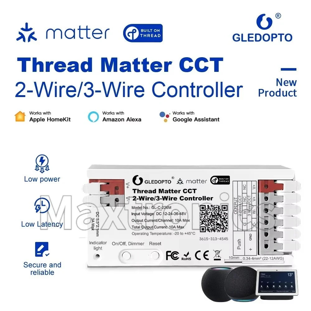 2/3-Wire PWM CCT LED Strip controller GL-C-226M GLEDOPTO 10A 750Hz Flicker-Free with Alexa Thread Matter CCT PWM Dimmer 12-48V