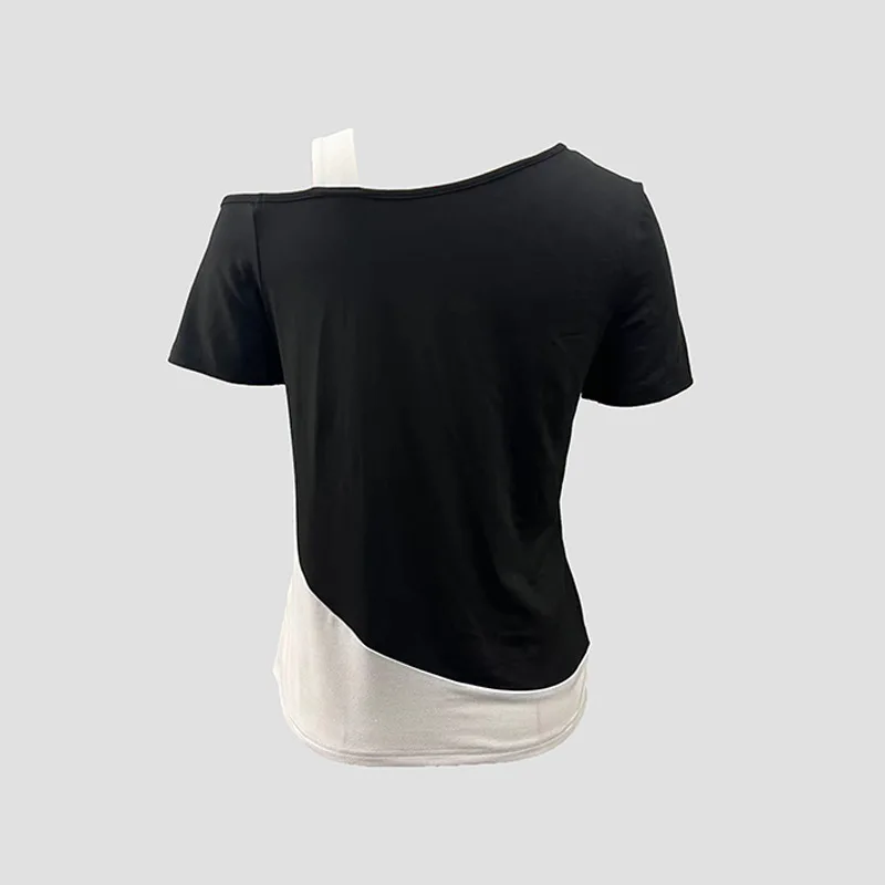 Chic Farbe Blockieren Kurzarm Frauen Einfarbig Off Schulter Asymmetrische T-Shirt Weibliche Sommer Casual Tops – Detail 15