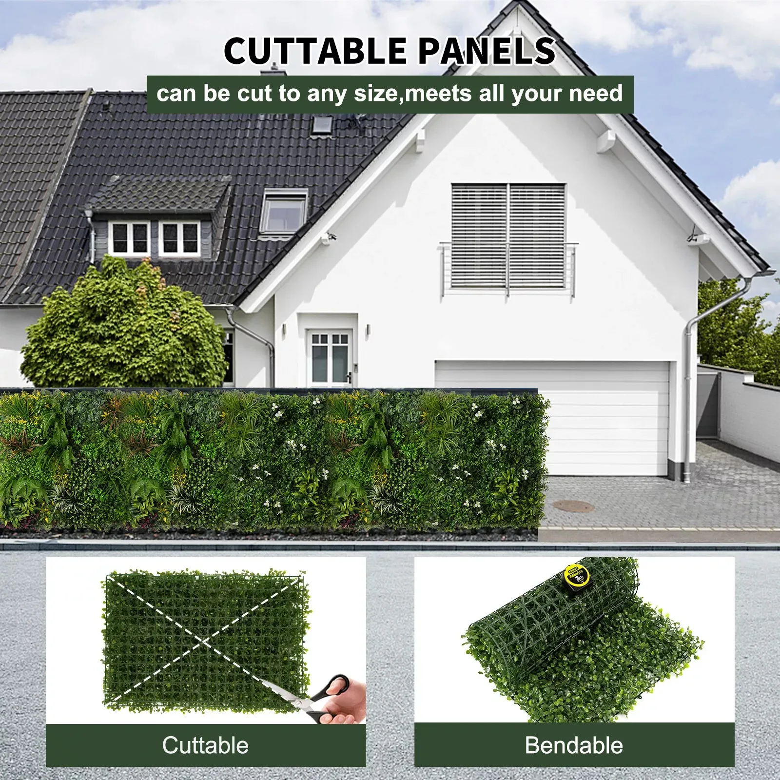 

1PC Artificial Green Plant Wall Panel W/Grass Flower 1MX1M Boxwood Hedge Wall Outdoor Privacy Fence Screen Fake Flower US CA