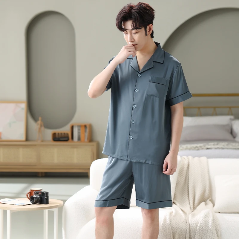 New Summer Solid Color Pajamas Set Mens Big Yards Silk Satin Pyjamas Male Short Sleeve Shorts Nightgown Chinese Silk Sleepwear