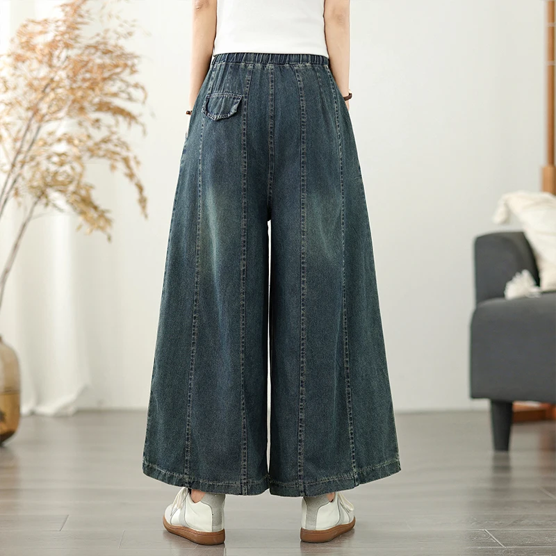Celana Jeans Denim Wanita Model Kaki Lebar Bordir Musim Panas, Pinggang Elastis, Longgar, Efek Langsing, Vintage, Warna Pudar, Kasual, Panjang Sembilan Perempat