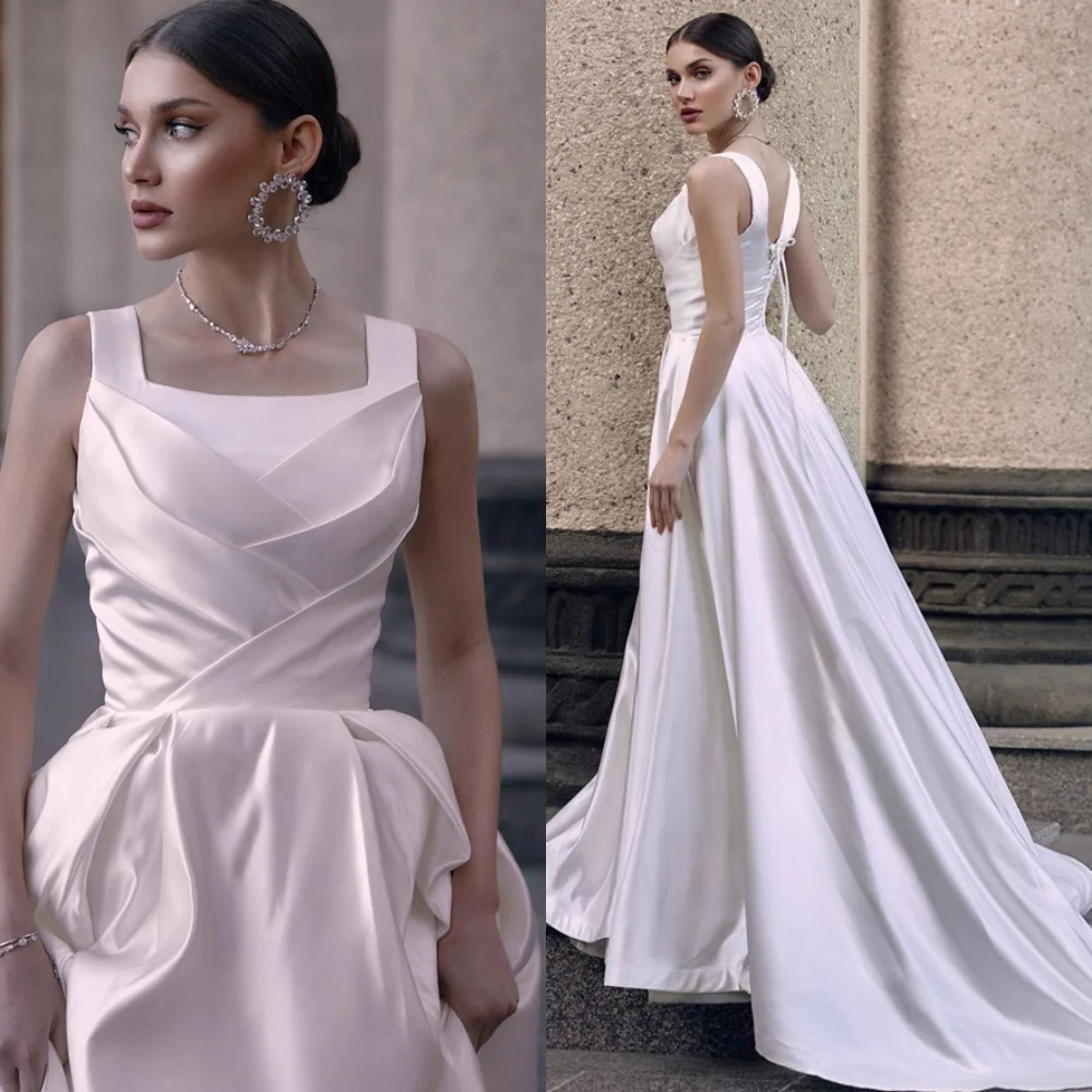 

Customized Romantic White Satin Wedding Dresses Square Neck Heavy Industry Wedding Dresses Luxury Special Occasion Gowns