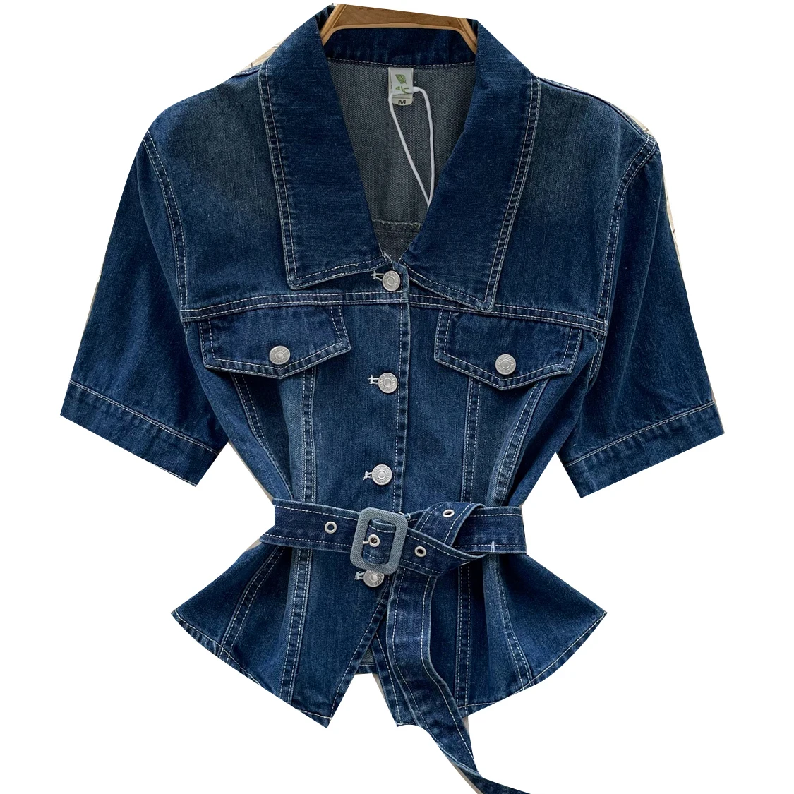 Women New Denim Short Shirt With Belt Summer Hong Kong Style Retro Waist Tight Fit Collar Short Sleeve Bright Thread Cowbody Top