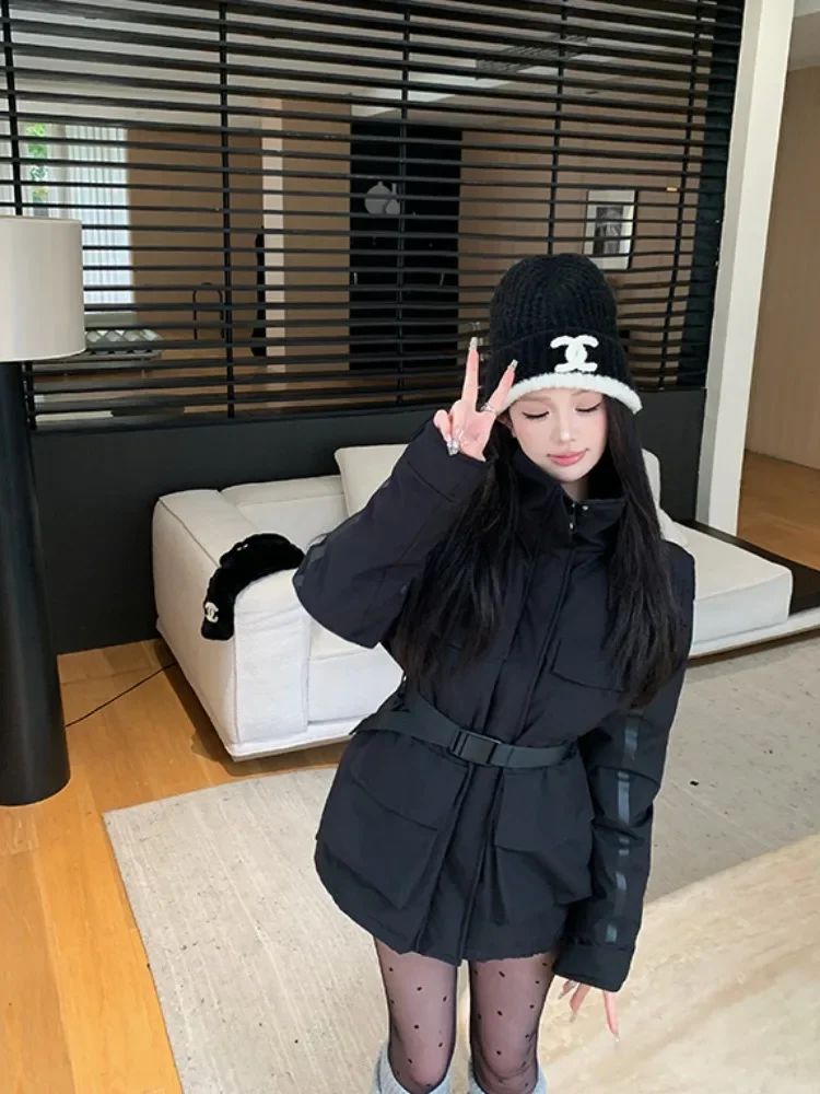 2024 Winter New Women Tops Parkas Coats Korean Fashion Stand Collar Long Sleeve High Waist Slim Female Quilted Parkas Coats
