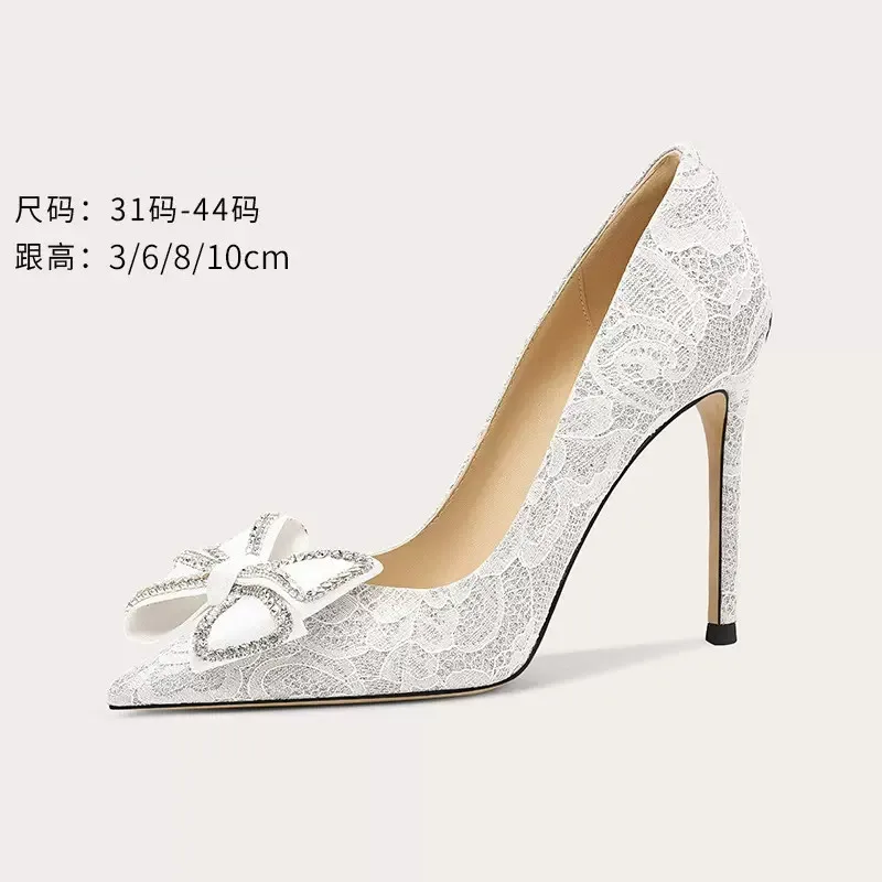 Spring and summer new pointy lace rhinestone butterfly wedding shoes thin high heel banquet dress large small women single shoes