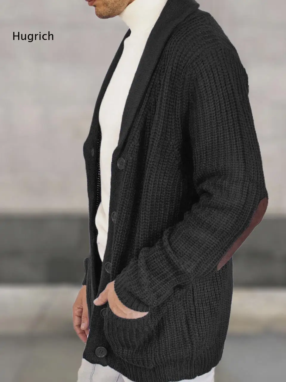 Men Shawl Collar Knit Cardigan Contrast Elbow Patch Button Down Long Sleeve Sweater Coat with Pockets