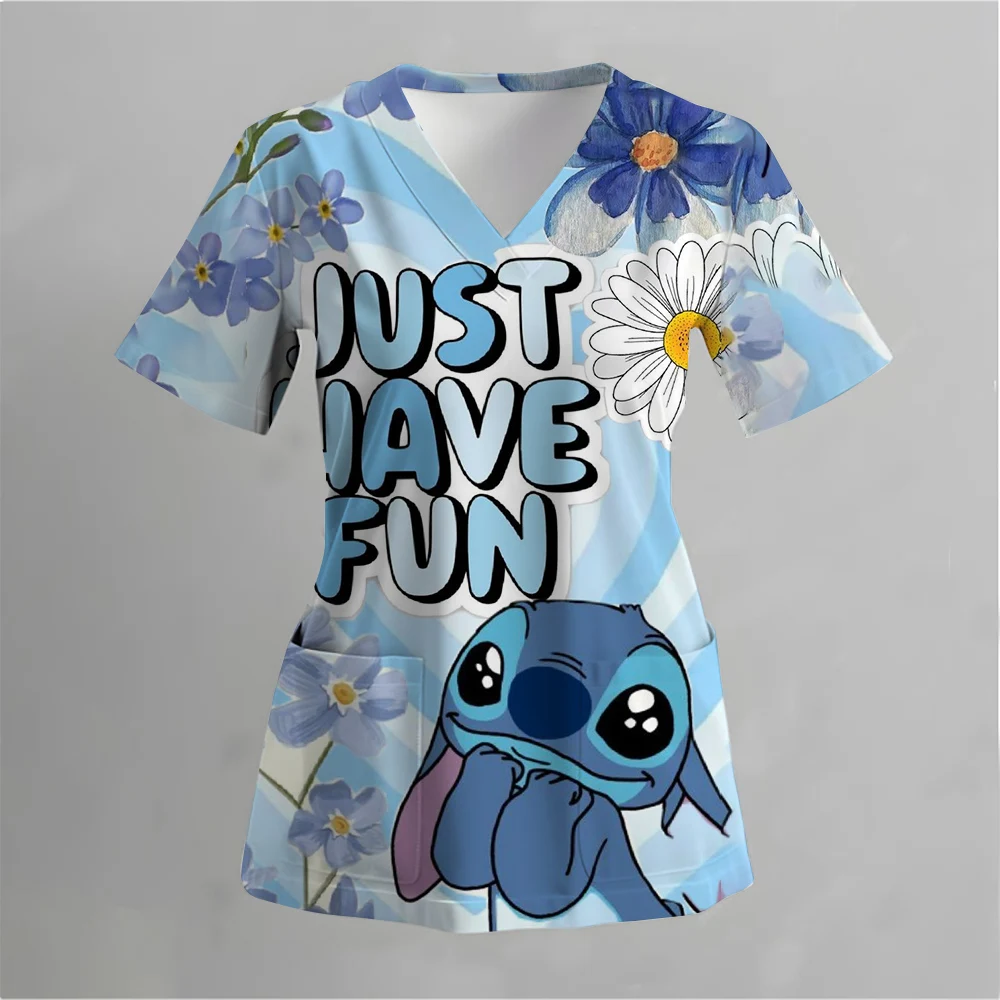 Lilo &Stitch Disney Summer Pocket New Woman T-shirts Hospital Nurse Uniform T-shirt Y2k V Neck Clothing Uniform Pocket Neck Y2k image 2