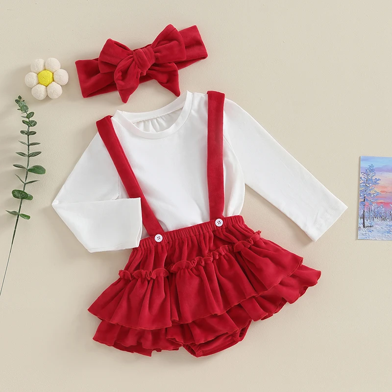 Baby Girl Christmas 3 Piece Outfits Long Sleeve T Shirt with Layered Suspender Romper and Bowknot Headband Casual