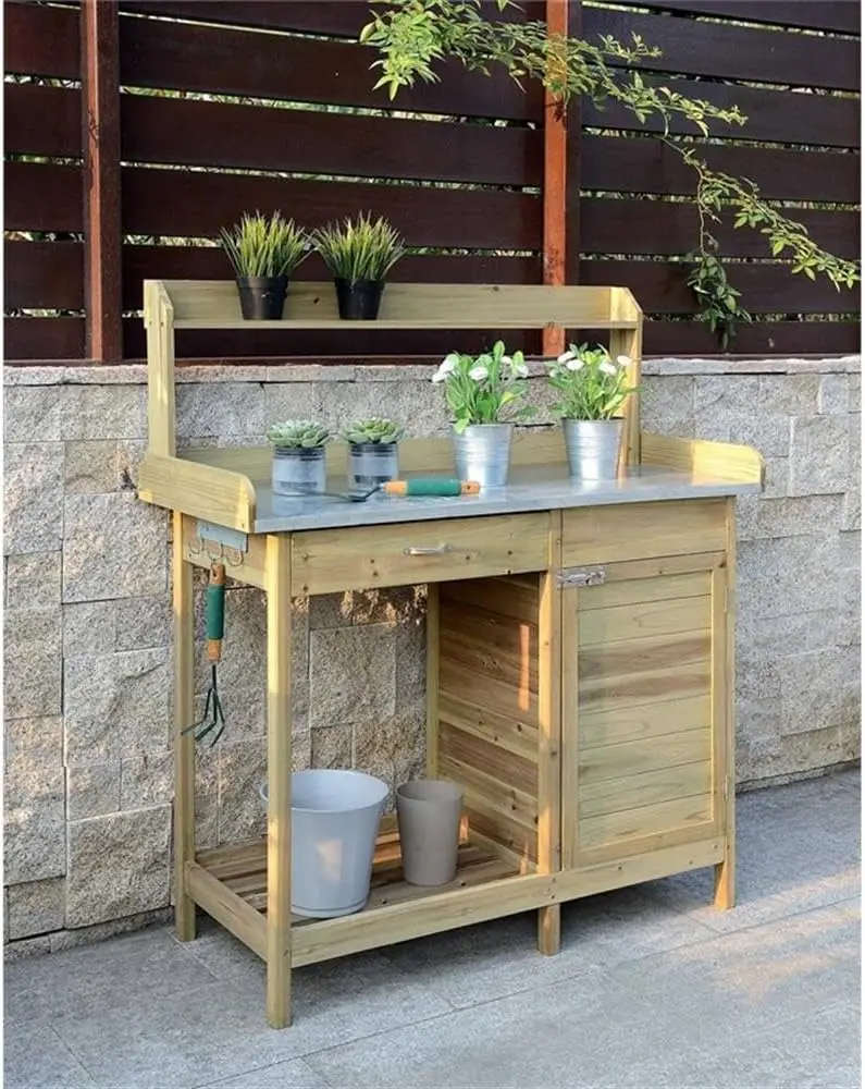 Deluxe Potting Bench With Cabinet- Natural Fir Wood Finish